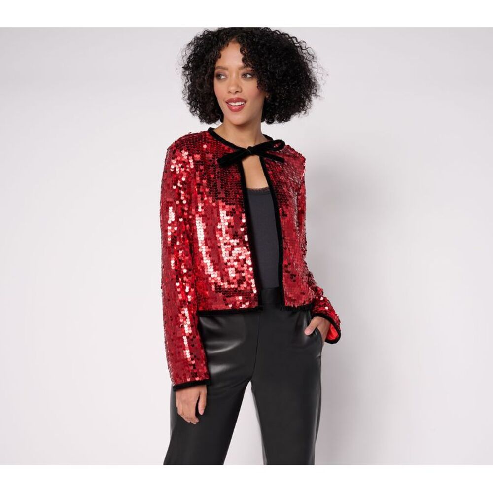 by Stacy London Women's Plus Sz Jacket 1X Sequin Tie-Neck Open Front Red